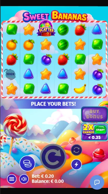 Sweet Bananas six-reel grid mid-spin on a phone