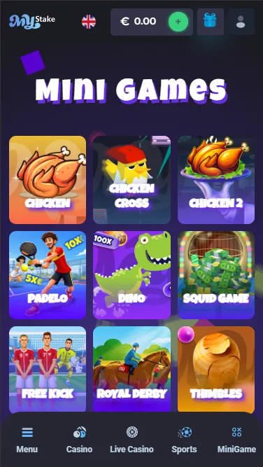 Minigames lobby on a phone showing Chicken, Dino, Plinko and Mines tiles