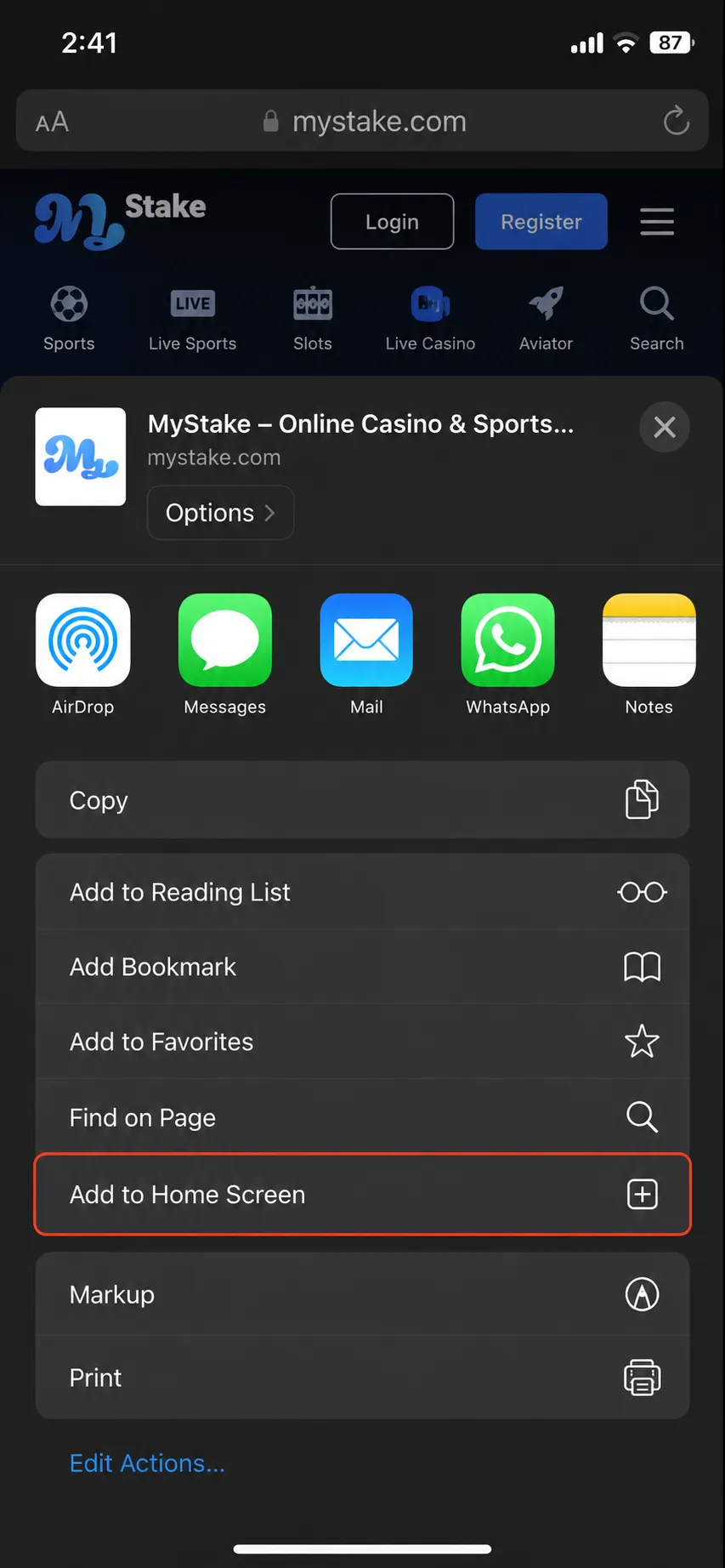 iOS Safari Share sheet with Add to Home Screen highlighted