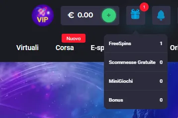 Gift icon opened in the header showing 50 free spins credited