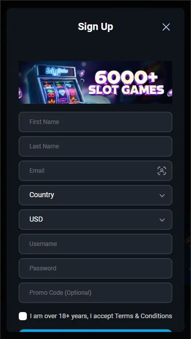 Registration form showing the promo code field between password and terms